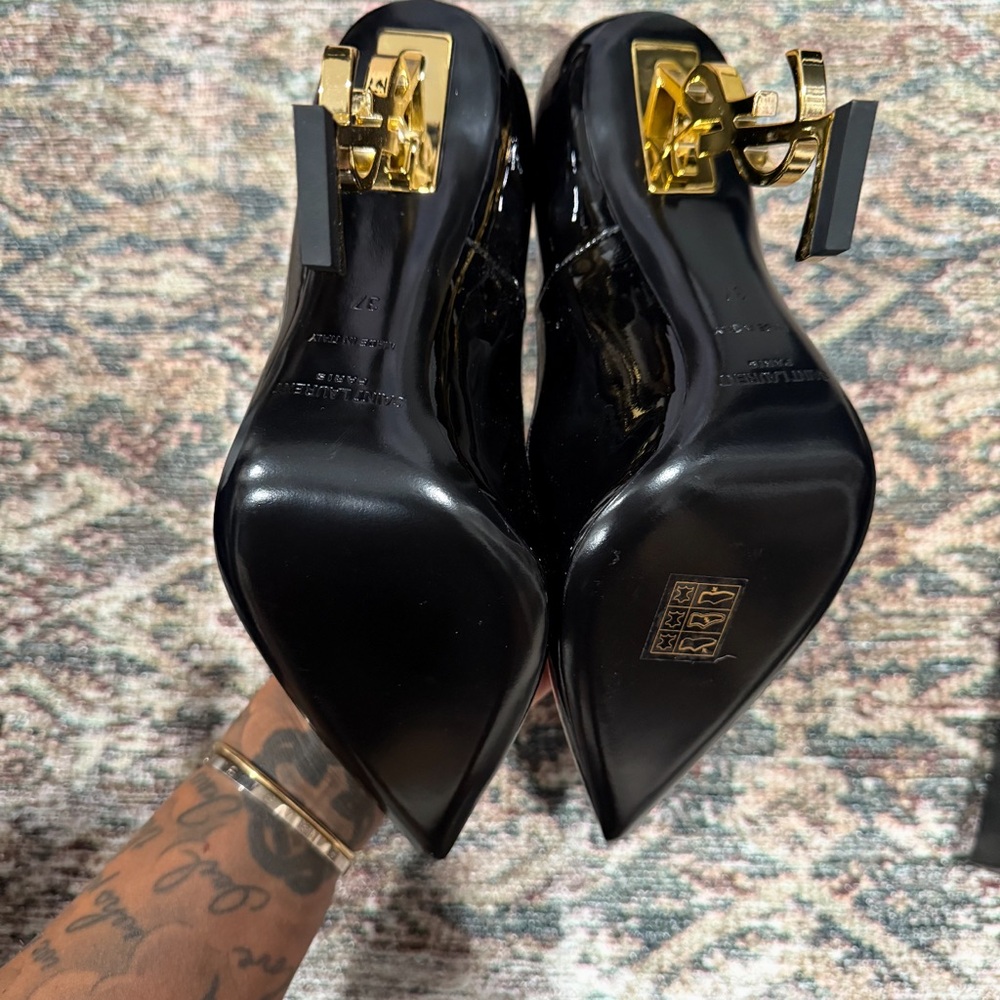 Opyum 110 YSL Black Patent Leather Women's Pumps Heels Gold Detail size 7 NWT - Picture 2 of 12